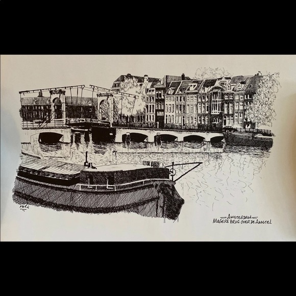 Amsterdam Scenic Bridge B&W Ink Sketch Print